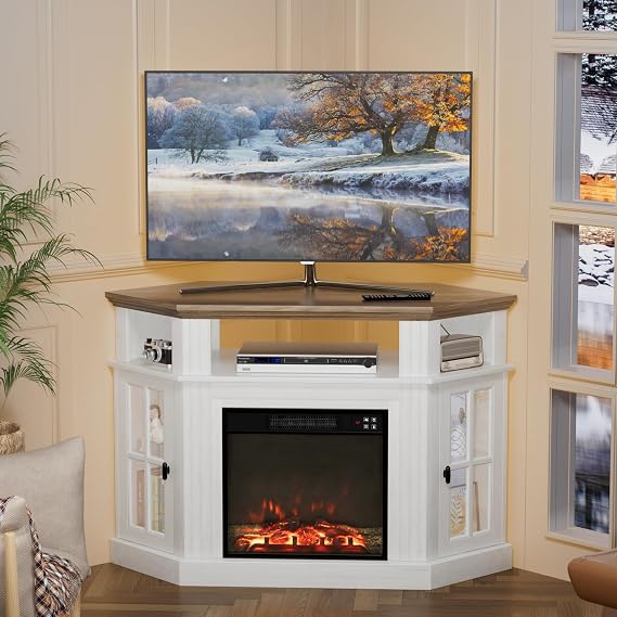Furmax Fireplace Corner TV Stand for Up to 55 Inch, Modern Console with 18 Inch Electric Fireplace, Entertainment Center with Open Shelf and Storage Cabinets for Living Room (Antique White)