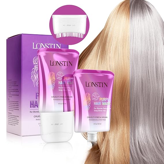 Purple Hair Mask with Comb, 8 Fl Oz - For Blonde, Platinum, Silver, Gray, Bleached Hair - Anti Brass, Paraben and Sulfate Free - Removes Yellow Tones, Conditions Dry Damaged Hair