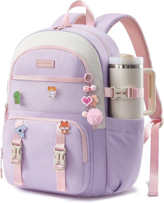 LOVEVOOK Cute School Backpack for Girls Ages 8-14, Lightweight Bookbag with Cartoon Charms & Pins, Back to School Backpack for Elementary & Middle School, Fits 15.6 Inch Laptop and 40oz Tumbler