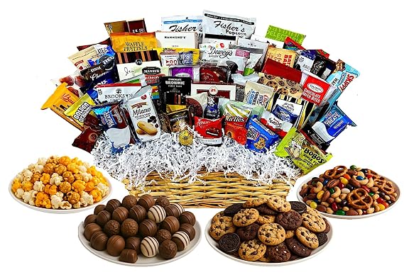 Customizable Gift Basket stuffed with chocolates cookies snacks and candies by  Hand-crafted for women men client sympathy birthday thank you holiday (Platinum: $149.99, Seasonal)