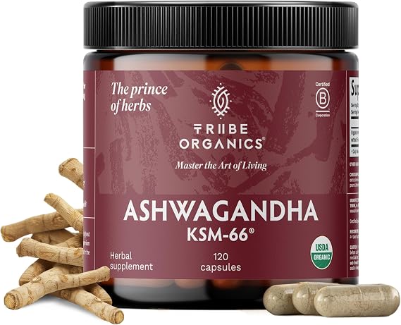 TRIBE ORGANICS Ashwagandha KSM 66 Pure Organic Root Powder Extract Ayurvedic Supplement - Focus, Mood Support, Increase Energy, Strength, 600mg of Natural KSM66 for Superior Absorption - 120 Capsules
