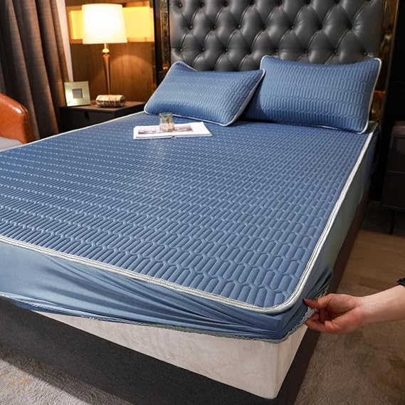 FCLDESHOP Mattress Cover Protectors,Summer Latex Ice Silk Fitted Sheet, Solid Color Non-Slip Mattress Topper Fits 12"/30cm Deep Mattresses,Sky Blue,150 * 200cm (3pcs)