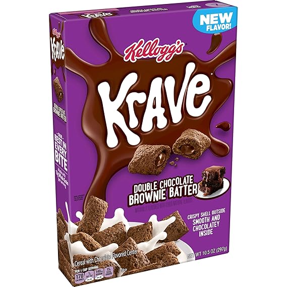 Krave Cold Breakfast Cereal, Chocolate Cereal, Kids Snacks, Double Chocolate Brownie Batter, 10.5oz Box