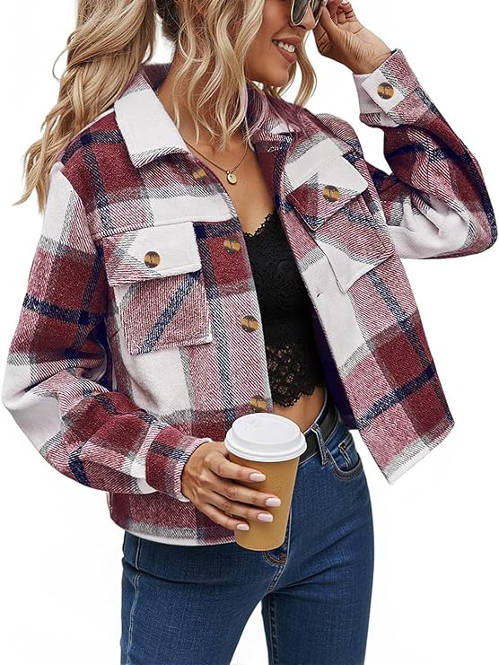 Women's Cropped Plaid Shacket Jacket Long Sleeve Button Down Shirt