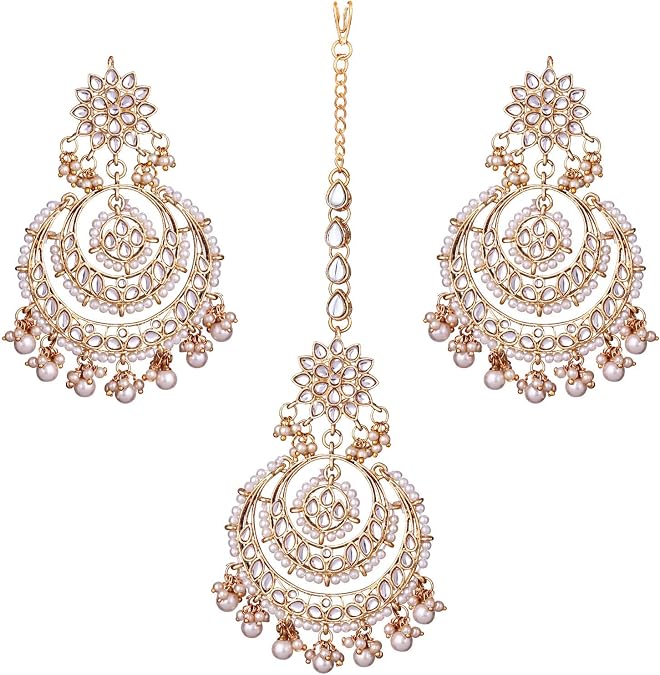 I Jewels Indian Bollywood Gold Plated Wedding Chandbali Kundan & Pearl Earring Set with Maang Tikka for Women