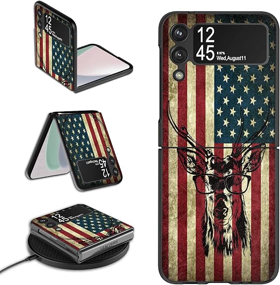 Rossy for Samsung Galaxy Z Flip 3 Case - Slim Fit, Hard PC, Anti-Scratch, Shockproof Protection - American Flag Deer
