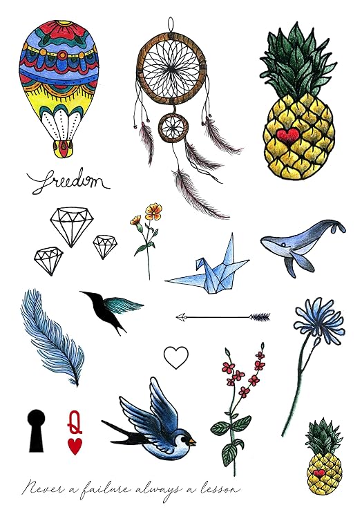 Funky Temporary Tattoo Set by Tatsy, Original Cool Unique Lovely Modern Design, Party Fun Tattoos, Fake Tattoo Body Art Cover Up for Women and Cute Girls