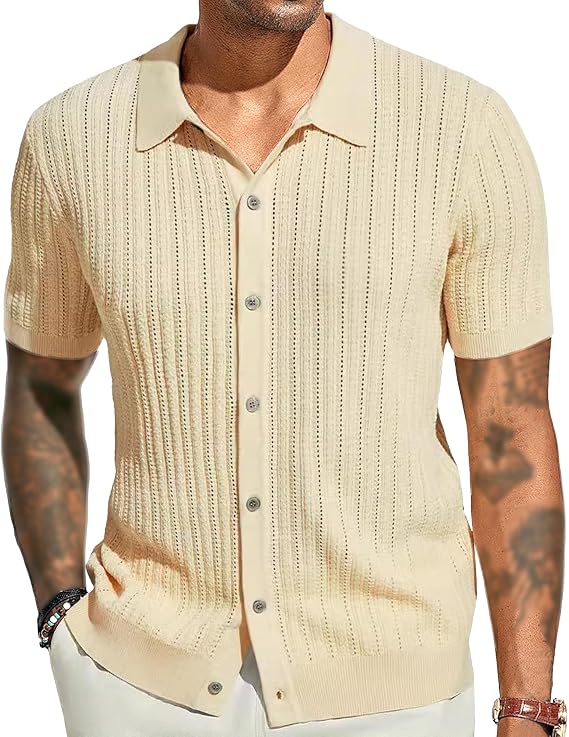 Men Classic Casual Cardigan Tops Single Breasted Hollow Out Knit Shirts Summer Lapel Button Striped T Shirts