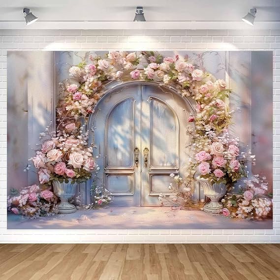 7X5ft Pink Floral Photography Backdrop, Retro Oil Painting Flowers Photography Backdrop Dreamlike Wedding Portrait Photo Background Wedding Birthday Party Background Banner Decor