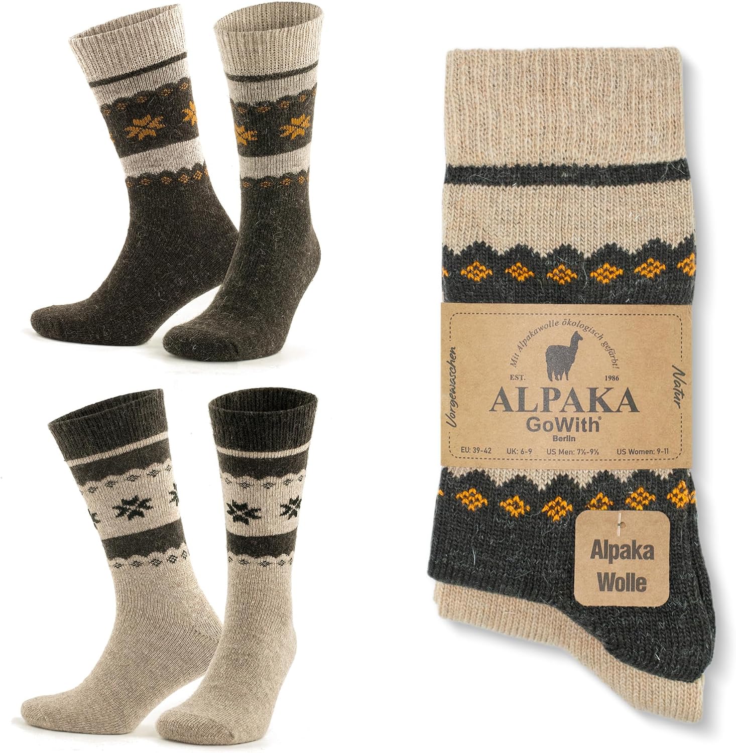 GoWith 2-in-4 Alpaca Wool Thermal Wash Soft Natural Winter Shoes Snow Pattern For Boots Women and Men Socks 3097