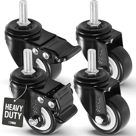H&S 4 Castor Wheels Heavy Duty 200KG 50mm PU Rubber Swivel Trolley Furniture Caster with Brakes Black - Screw