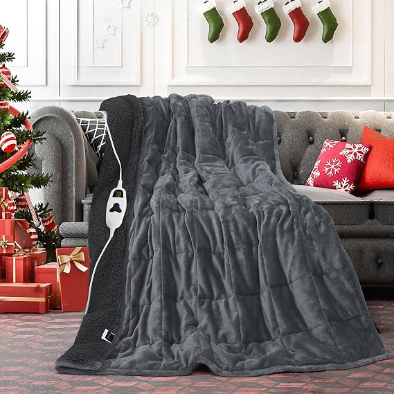 greenoak Heated Weighted Blanket for Adults - Sherpa Fleece Electric Throw Blanket (48x72, 15lbs, Grey) - Thick Soft Warming Plush Heating Blanket with 10 Heating Levels & 1-8 Hours Auto Off