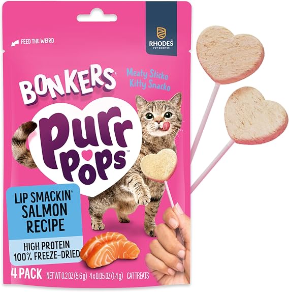 Bonkers Purrpops, Freeze Dried Salmon Flavored Lollipop Cat Treats, 4 Pieces