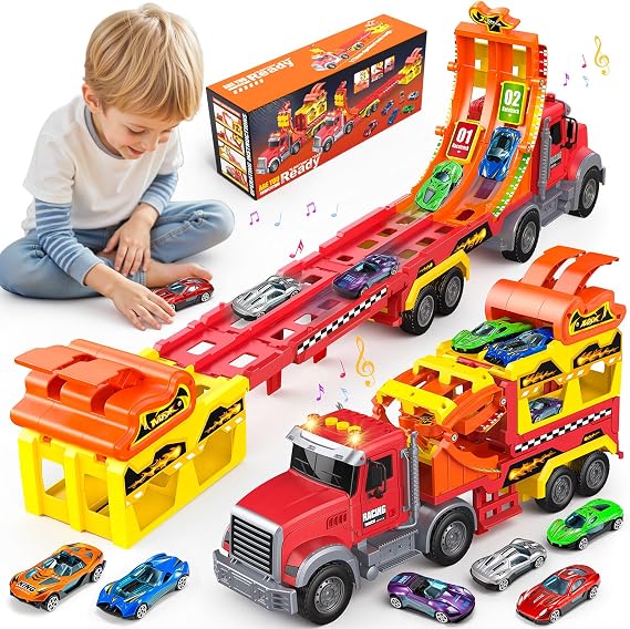 EUTOYZ Kids Toys for 3 4 5 6 7 8 9 Year Old Boys Gifts, Transport Race Truck Toy Cars for Boys Age 3-9 Birthday Gifts for 3-10 Year Olds Girls Boys Toys Age 4 5 6 7 Toddlers Car Race Track (Orange)