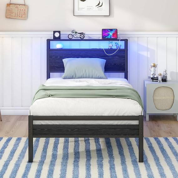 HOJINLINERO Single Bed Frame with Storage Headboard and LED Lights,Black