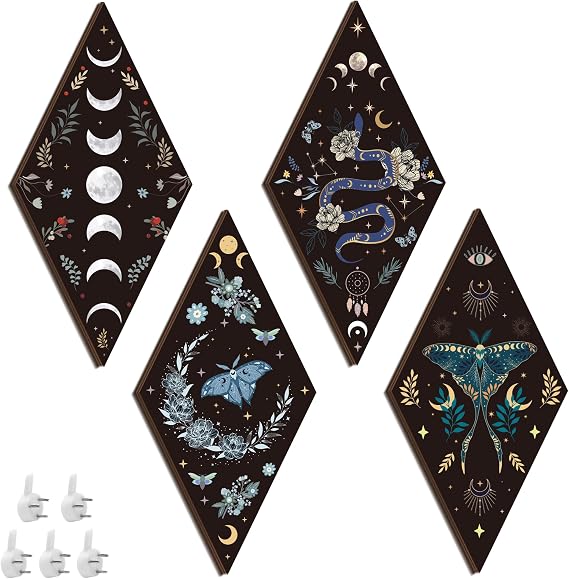 Romart Moon Phase Wall Decor: 4 Pieces Boho Moon Phases Moth Wall Art Wooden Gothic Witchy Hanging Wall Decor Minimalist Wall Pediments for Bedroom Living Room Home Decorations