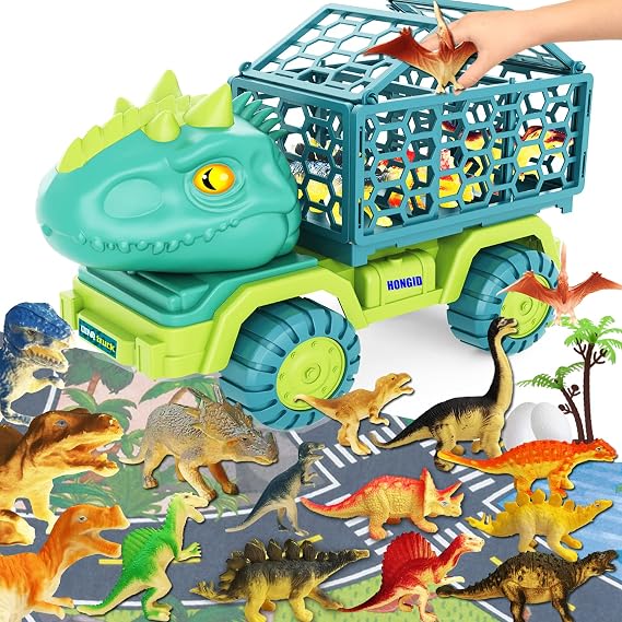JKGIFTS Dinosaur Truck Toy with 15 Dino Figures & Activity Play Mat, Dinosaur Eggs, Perfect for Kids 3-5, Stocking Stuffer