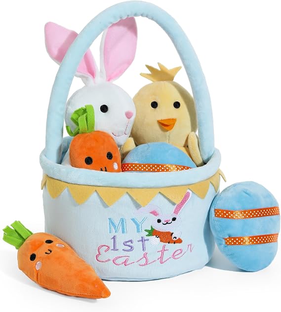 My First Easter Basket Stuffed Plush Playset Baby's First Easter Basket Stuffed Cartoon Bunny Easter Egg Plush Basket for Kids 5pcs (Blue)