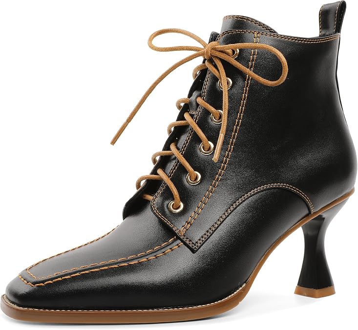 Ankle Boots for Women Square Toe Booties 3 Inch Flared High Low Kitten Heel Adjustable Lace-up Side Zipper Short Boots for Casual Work Daily Wear