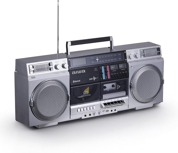 aiwa Retro Boombox CD Player with Cassette Recording, Bluetooth 5.0, FM/AM Radio, USB/SD/AUX Inputs, VU Meters, LCD Display, Dual 40W Speakers - Silver