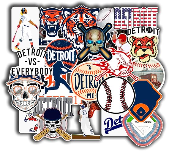 32 PCS Detroit Tigers Stickers Pack - Orange & Black, Cartoon Style, Waterproof, PVC Material, Round Shape, Outdoor Use, Sports Fan Bumper Stickers