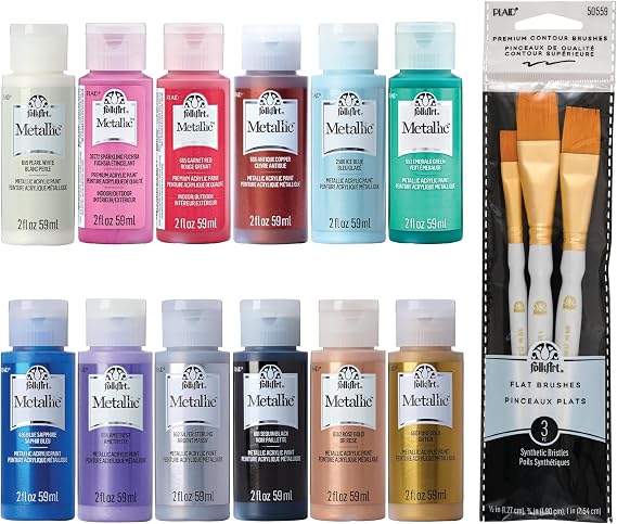 FolkArt Jewel Tone Acrylic Craft Paint Kit, 15 Piece Set Including 12 Metallic Colors and 3 Premium Paintbrushes, PROMOFAMET15