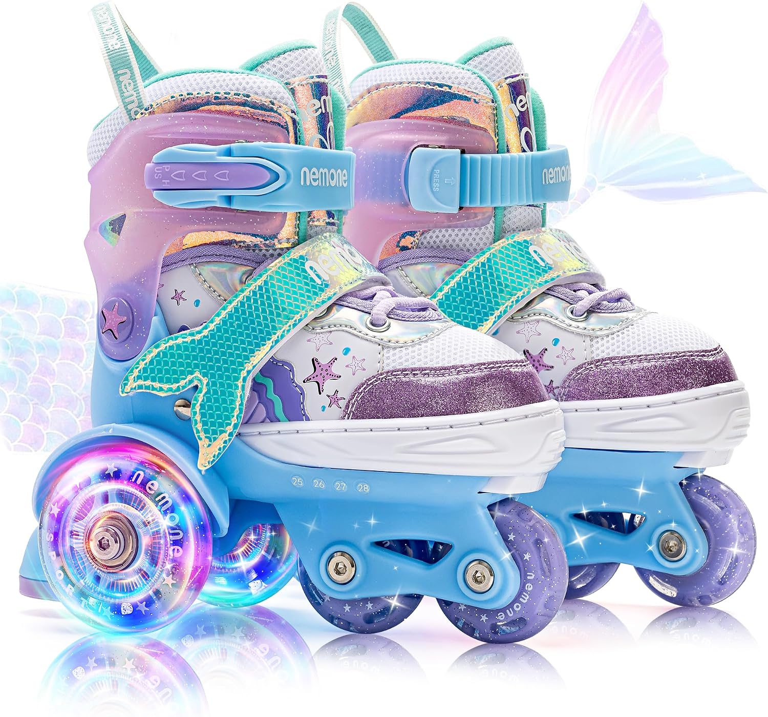 NEMONE Mermaid 4 Size Adjustable Roller Skates for Girls, Purple Blue Roller Skates for Kids Youth, Beginner Skates Indoor Outdoor