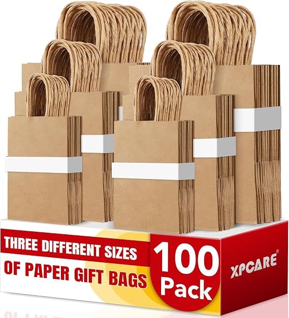 XPCARE Brown Paper Bags with Handles, 100PCS 3 Different Sizes of Gift Bags