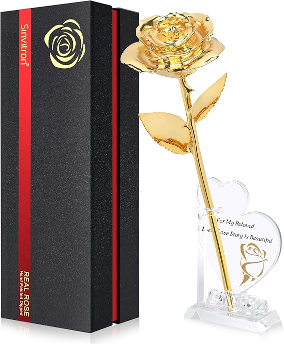 Sinvitron Gold Dipped Rose Real 24K Gold Rose, Hand Dipped One of a Kind Golden Roses, Romantic Gifts for Women on Valentines Day, Anniversary Mothers Day (Gold)