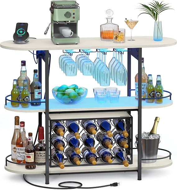 VASAGLE Bar Cabinets for Home, LED Coffee Bar with Power Outlets