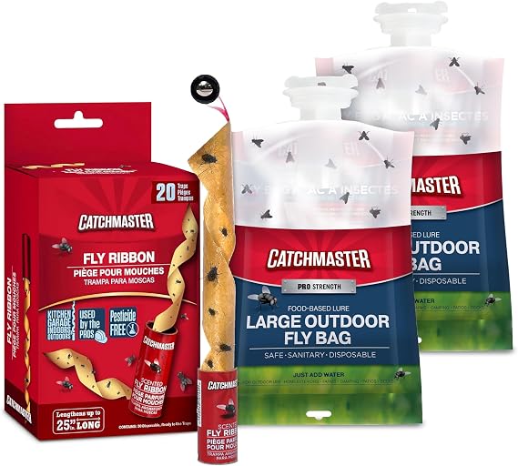 Catchmaster Fly Trap Bundle, Fly Bag 2-Pack & Fly Ribbon 20-Pack, Fruit Fly Traps for Indoors & Outdoors, for Garage, Backyard, Pool, Patio & Camping