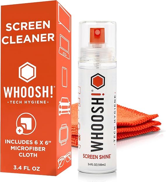 Whoosh Screen Shine Go XL Cleaner Spray and Wipe Kit, 3.4 fl oz | Streak Free Finish, For Car, Computer, MacBook and Eyeglasses, Lens Cleaner Kit, Microfiber Cloth Included