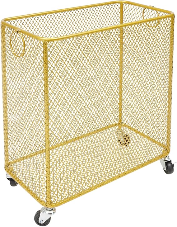 Metal Laundry Storage Cart - Slim, Mesh Wire Rolling Laundry Hamper with Wheels & Ring Handles, Clothes or Linen Storage Organizer Hamper Bin Laundry Basket, 9"L x 17"W x 18"H, Gold