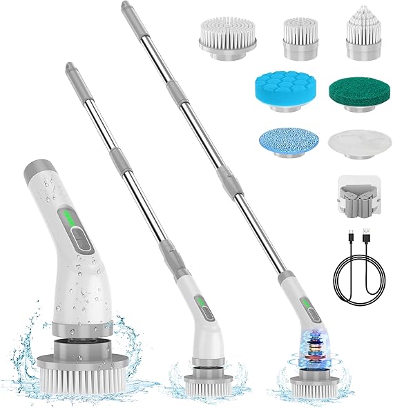 Lightswim Electric Spin Scrubber, Upgrade 7 in 1 Electric Cleaning Brush,420RPM Powerful Cleaning, 1.5H Bathroom Scrubber Dual Speed with Extension Arm for Kitchen, Car, Tile, Wall, Floor, Shower