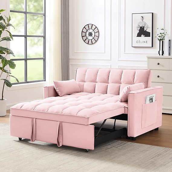 Modern Velvet Loveseat Futon Sofa Couch Pullout Bed,Small Love Seat Lounge Sofa Reclining Backrest,Toss Pillows, Pockets,Furniture for Living Room,3 in 1 Convertible Sleeper Sofa Bed, Pink