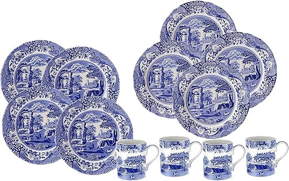 Spode Blue Italian Dinnerware Set, Set of 12 - Earthenware (Blue/White) | Complete Table Setting, Includes Four 10.5" Dinner Plates, Four 8" Salad Plates & Four 12 Oz Mugs for Everyday Dining
