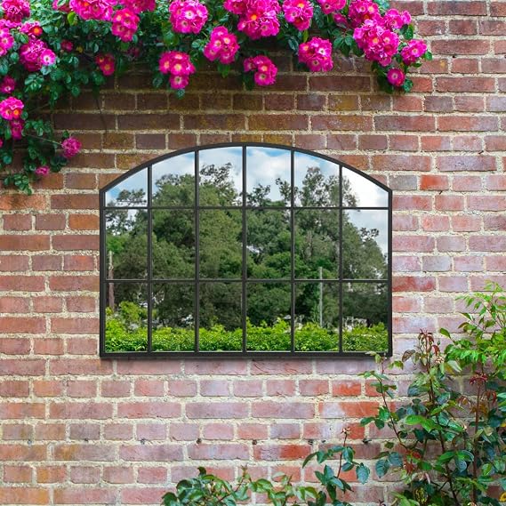 MirrorOutlet The Arcus - Black Framed Modern Arched Garden Wall Window Mirror 35" X 26" (90CM X 65CM) Silver Mirror Glass with Black All weather Backing.…