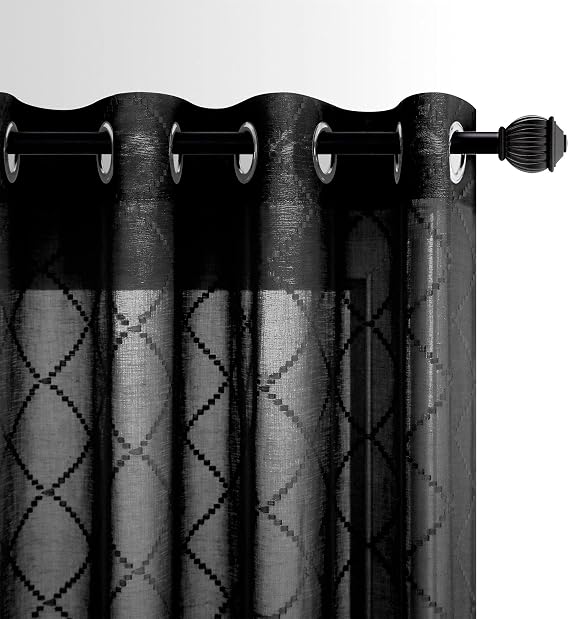 KOUFALL Black Curtains 63 Inch Length for Bedroom 2 Panels Set Sheer Grommet Window Geometric Lace Curtains Aesthetic Diamond Room Decor for Teen Girls Living Area