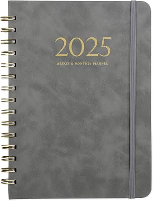 2025 Planner Weekly and Monthly Planner 2025, 6.4 x 8.5, Jan - Dec 2025, Calendar Planner Daily Planner, Premium Pages, Twin-Wire Binding, Tabs, Elastic Closure, Pocket, Faux Leather Cover, Yearly Agenda, Gray