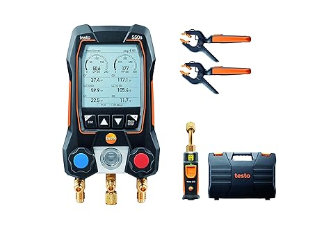 Testo 550s Kit I App Operated Digital Manifold Set, 2 x testo 115i Pipe Clamp Thermometer, 1 x testo 552i Micron Gauge I for HVAC Systems – with Bluetooth