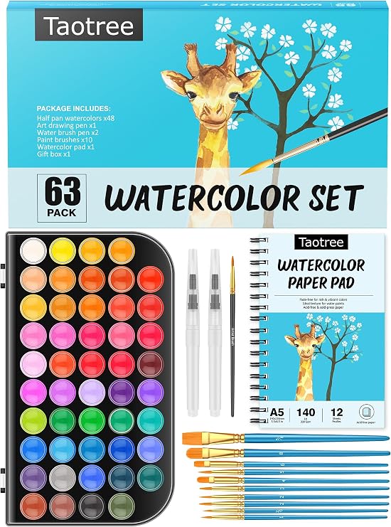 Taotree 48 Watercolor Paint Set with 10 Paint Brushes and Watercolor Book | Watercolor Workbook, Watercolor paper, Water Coloring Book with Palette, Drawing Pad, Painting Art Supplies for Adults Artist