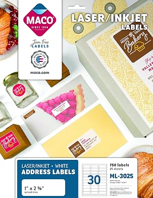 MACO LaserInk Jet White Address Labels, 1 x 2-58, 30 per Sheet, 750 per Pack ML-3025