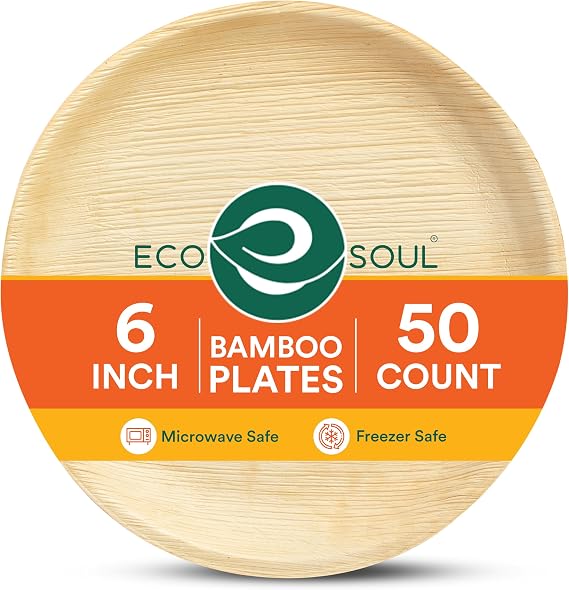 ECO SOUL 6 Inch Disposable Bamboo Plates (50 Pack, Round) | Premium, Natural, Food-Safe, Heavy Duty, Compostable, Eco-Friendly, Biodegradable, Best For Events, Parties, Weddings, BBQs
