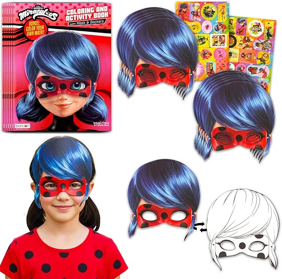 Miraculous Ladybug Mask Party Favor Pack Set - Bundle of 12 Ladybug Masks, Stickers, More Party Supplies for Boys, Girls