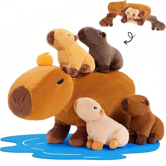 OUOZZZ Pack of 5 Capybara Plush Toy 38 cm Soft Capybara Cuddly Toy with 4 Baby Soft Toys in the Belly - Baby Birthday Gift for Girls Boys Children Integrated zip to hide the little ones; 38 cm washable soft fabric; gifts for boys girls birthday