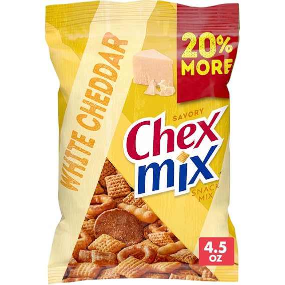 Chex Mix White Cheddar Snack Mix, 4.5 oz | 60% Less Fat than Regular Potato Chips, No Artificial Sweeteners, No High Fructose Corn Syrup, Kosher Dairy