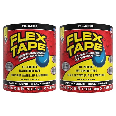 Flex Tape, Original Thick Flexible Rubberized Waterproof Tape - Seal and Patch Leaks, Works Underwater, Indoor Outdoor - Home RV Roof Plumbing and Pool Repairs, Black, 4 in x 5 ft, Pack of 2