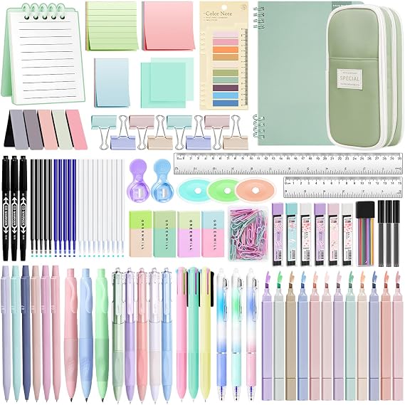 147 PCS Aesthetic Stationery Supplies with Green Pen Case & Notebook, 12 Pastel Highlighters, 3 Erasable Pens, 5 Black Pens, 6 Mechanical Pencils, Stationery Set College Essentials