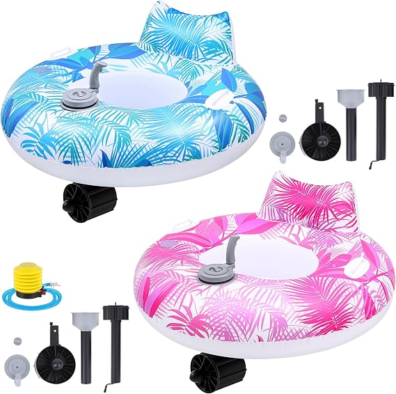 2 Sets Motorized Pool Float for Adults, Electric Inflatable Pool Lounger Float Driving Tube Floating with Pusher Handles Cup Holder for Summer Water Beach(Leaves,Blue Pink)