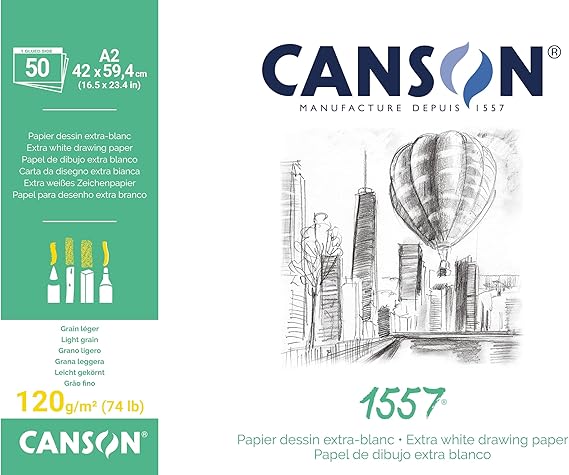 CANSON 1557 Extra White 120gsm A2 Sketch Paper, Light Grain, 50 Sheets, for Professional Artists & Illustrators